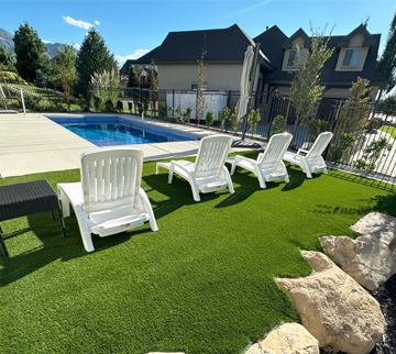 Home with pool surround with synthetic grass around it