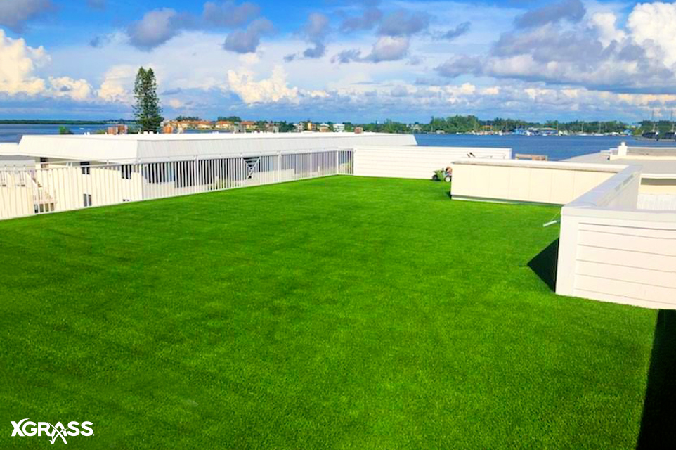 Rooftop lounge with artificial grass flooring