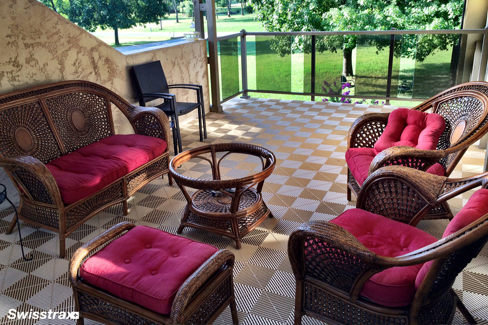 Patio design using Swisstrax modular floor tiles
