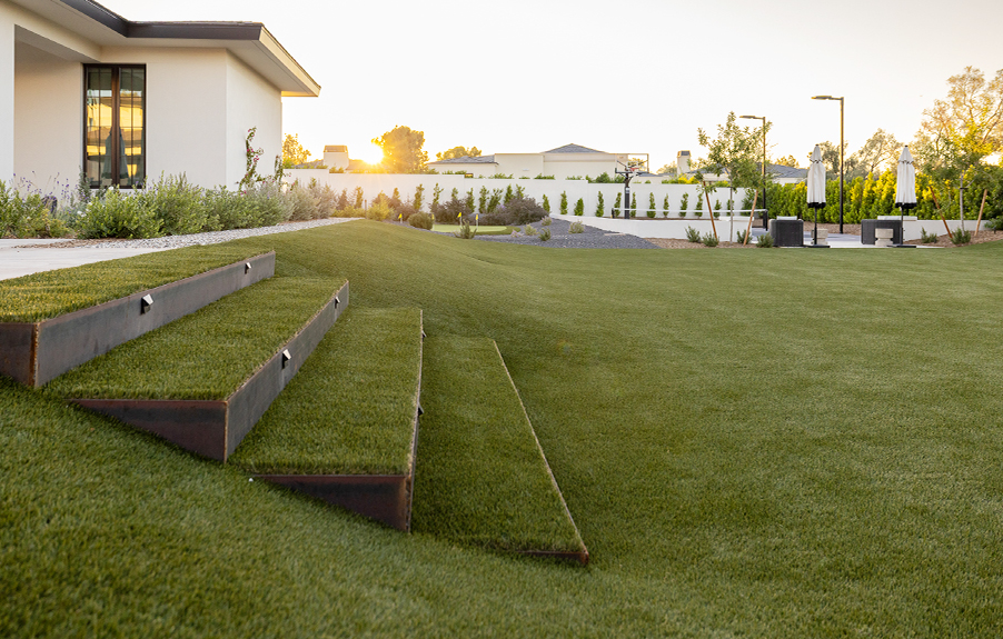 artificial turf on outdoor stairs with beautiful residential yard