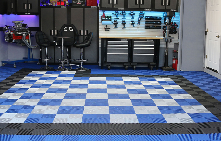 Blue and White Modular Tile Flooring in a Garage Workshop