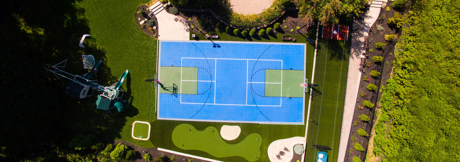 a full backyard build out including Playground Turf, Landscape Turf, Sport & Game Courts, Putting Greens, and Batting Cages